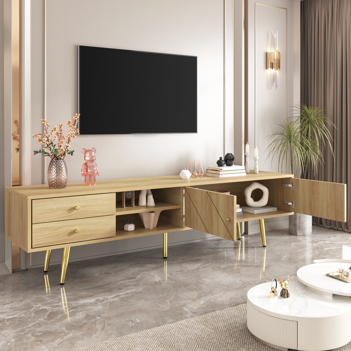 Tv meubel 160x36x42cm - met gouden poten - twee laden - houtkleur