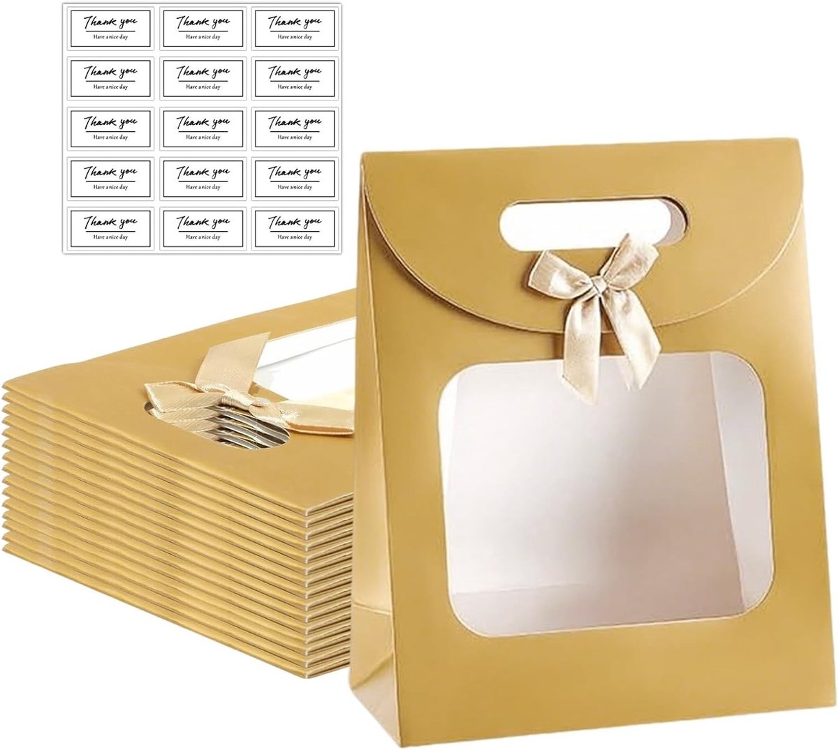 Cadeauzakjes met venster, 15 stuks herbruikbare papieren zakken voor snoep en geschenken, ideaal voor bonbons en koekjes, 16 x 6 x 12 cm (goud)