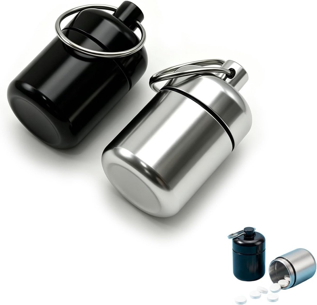 Waterdichte pillendoosjes sleutelhangers - Draagbare aluminium pillendozen voor reizen, kamperen en dagelijkse medicatieopslag, set van 2 stuks