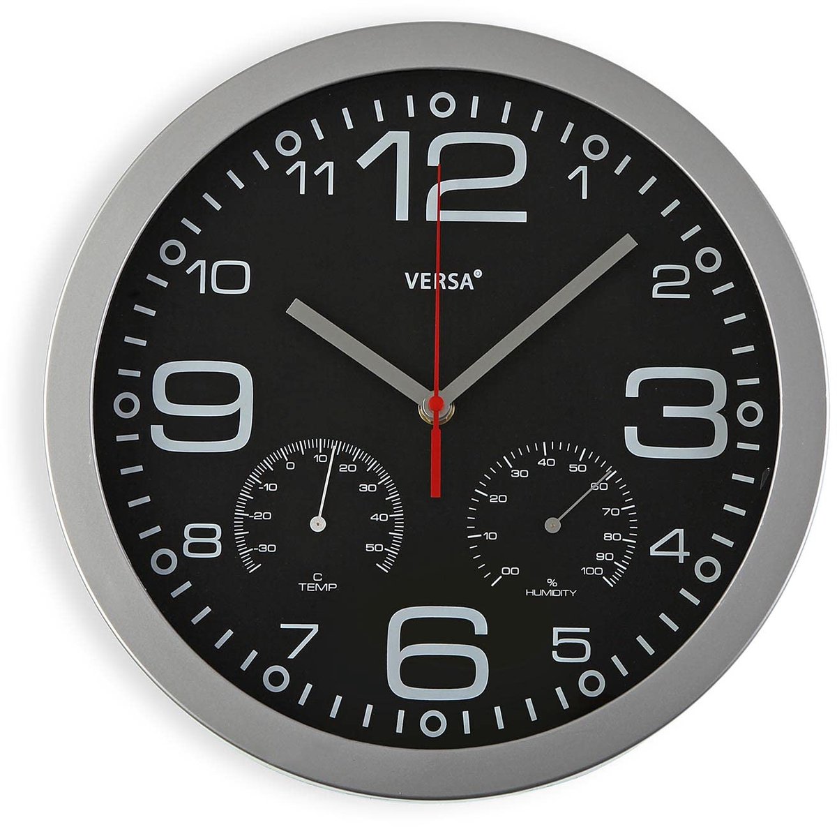 SnelShoppen - Decoratieve Wandklok met Hygrometer en Thermometer, Aluminium en Glas, Zilver en Zwart, 30 cm voor Keuken en Woonkamer