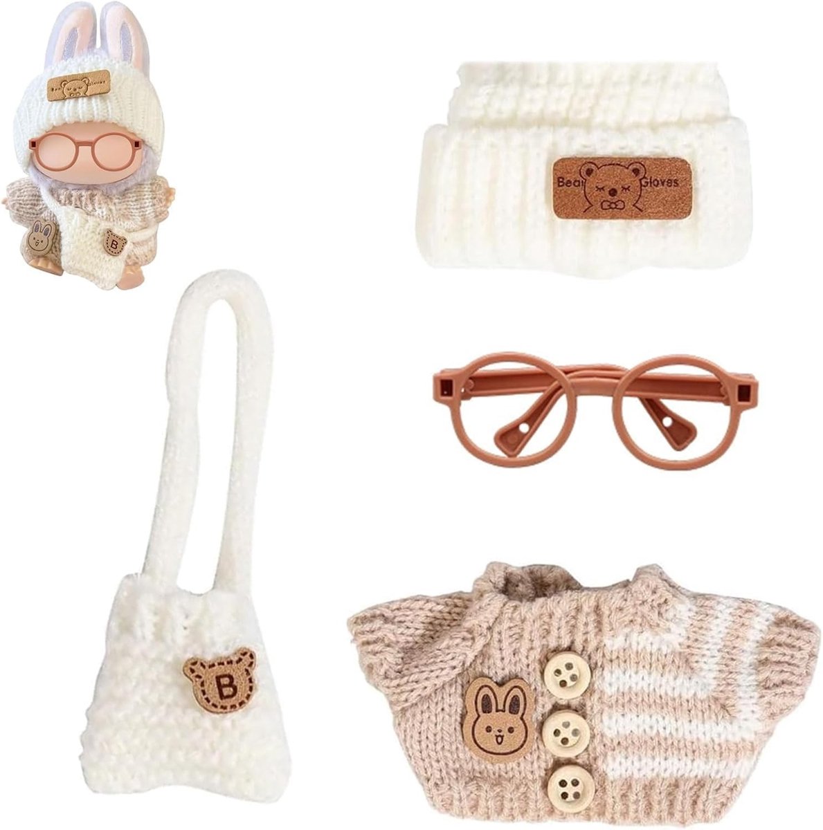 Handgemaakte Kleding Set voor 17 cm Pluche Pop - 4-delige Outfit met Beige Hoed, Gebreide Trui, Rugzak en Bruine Zonnebril - Speelgoed Accessoires voor Creatief Spel en Decoratie