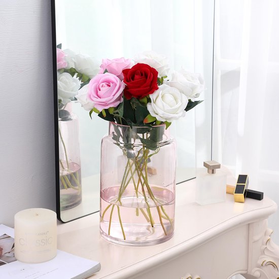 SnelShoppen - Grote glazen vaas roze, hoge bloemenvazen voor boeket, brede opening, 23 cm, decoratie voor woonkamer, bruiloft, salontafel, kantoor