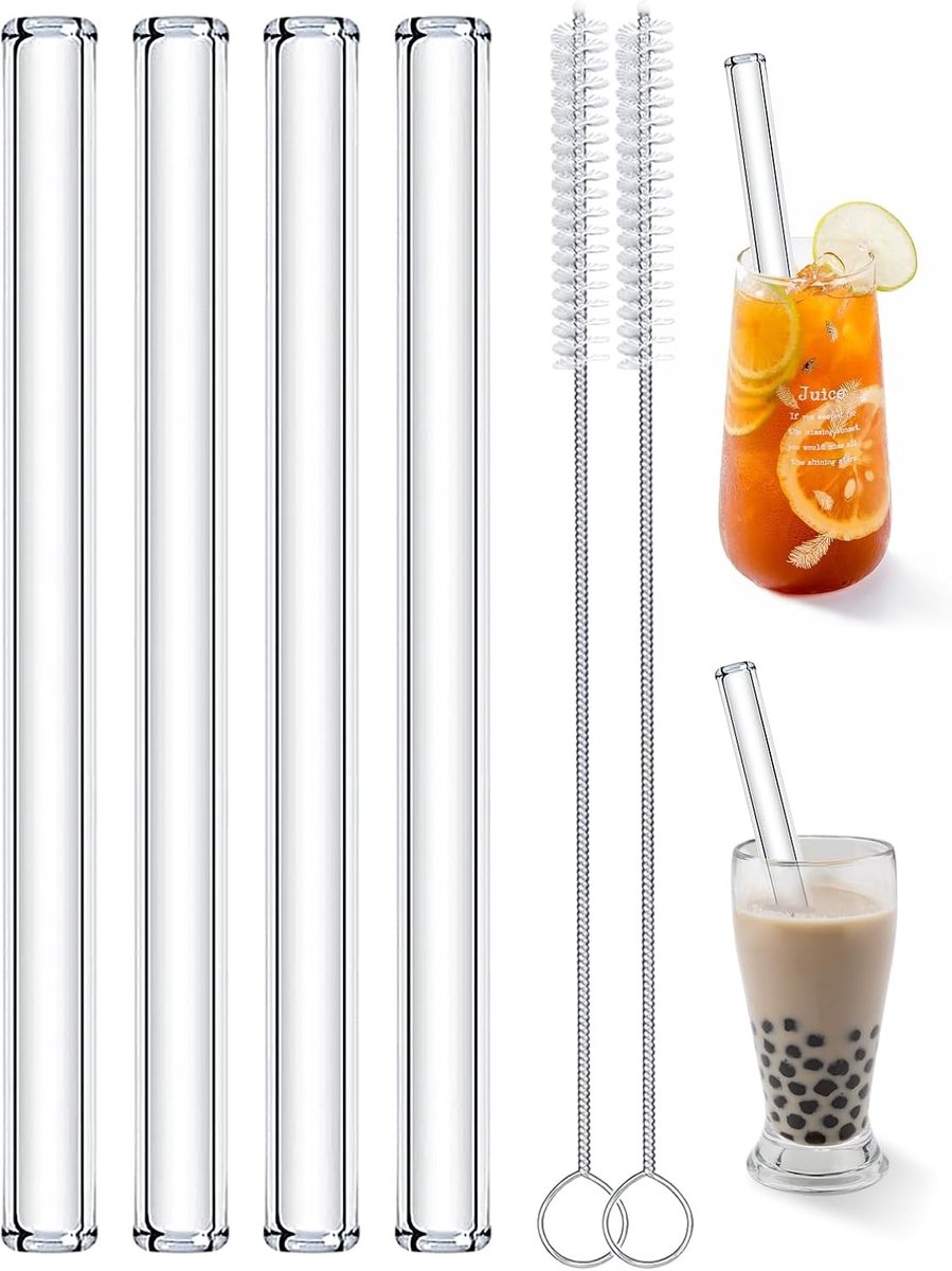 Herbruikbare Glazen Rietjes - Dikte 14 mm - Inclusief Reinigingsborstels - Geschikt voor Diverse Dranken - Set van 4
