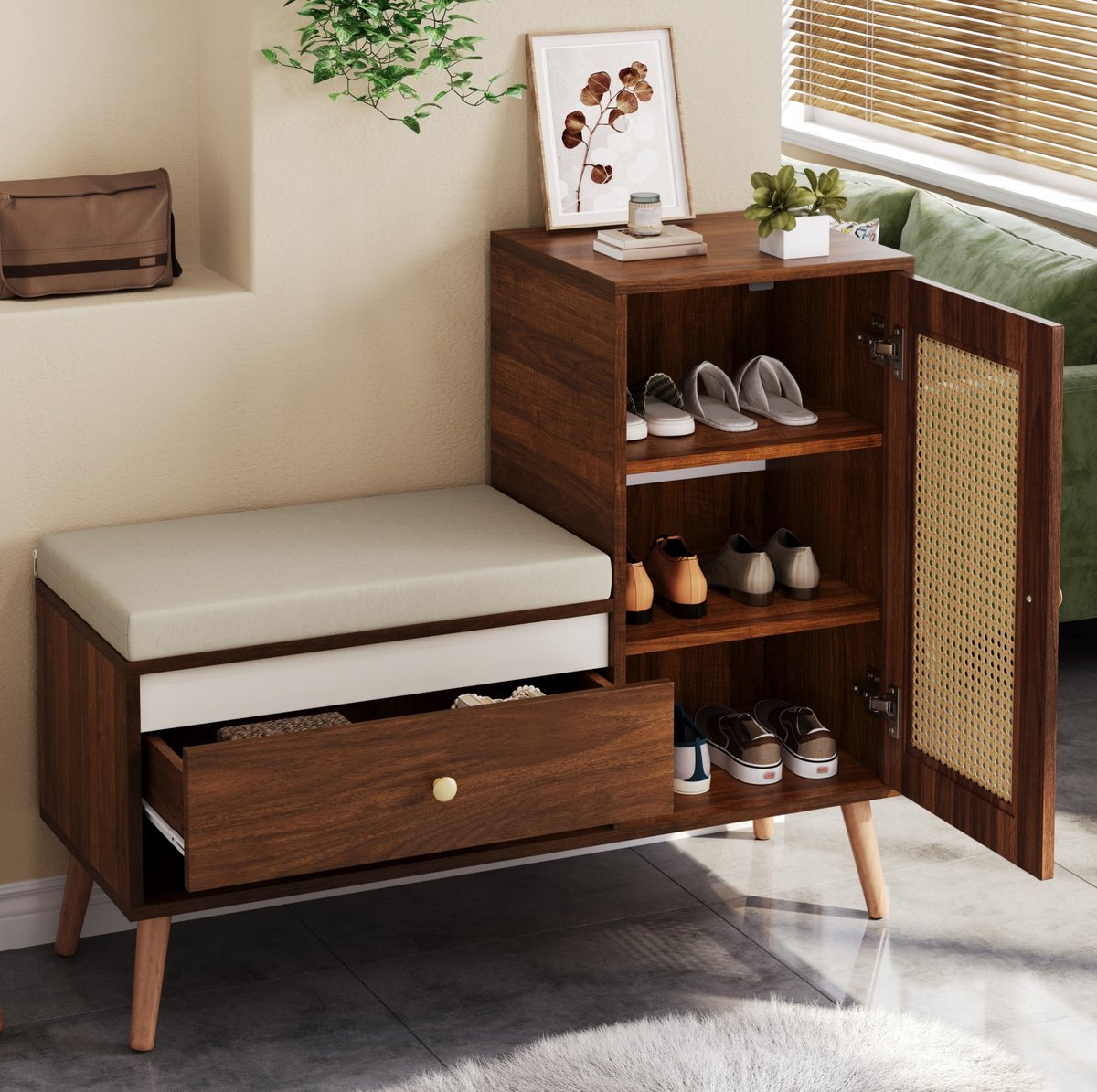 DESMIU Schoenenkast - Met Zitkussen En Rotanlook - Met Lade En Open Vakken Voor Hal En Entree - MDF En Spaanplaat - Walnoot - 95,5x35x80,5 Cm