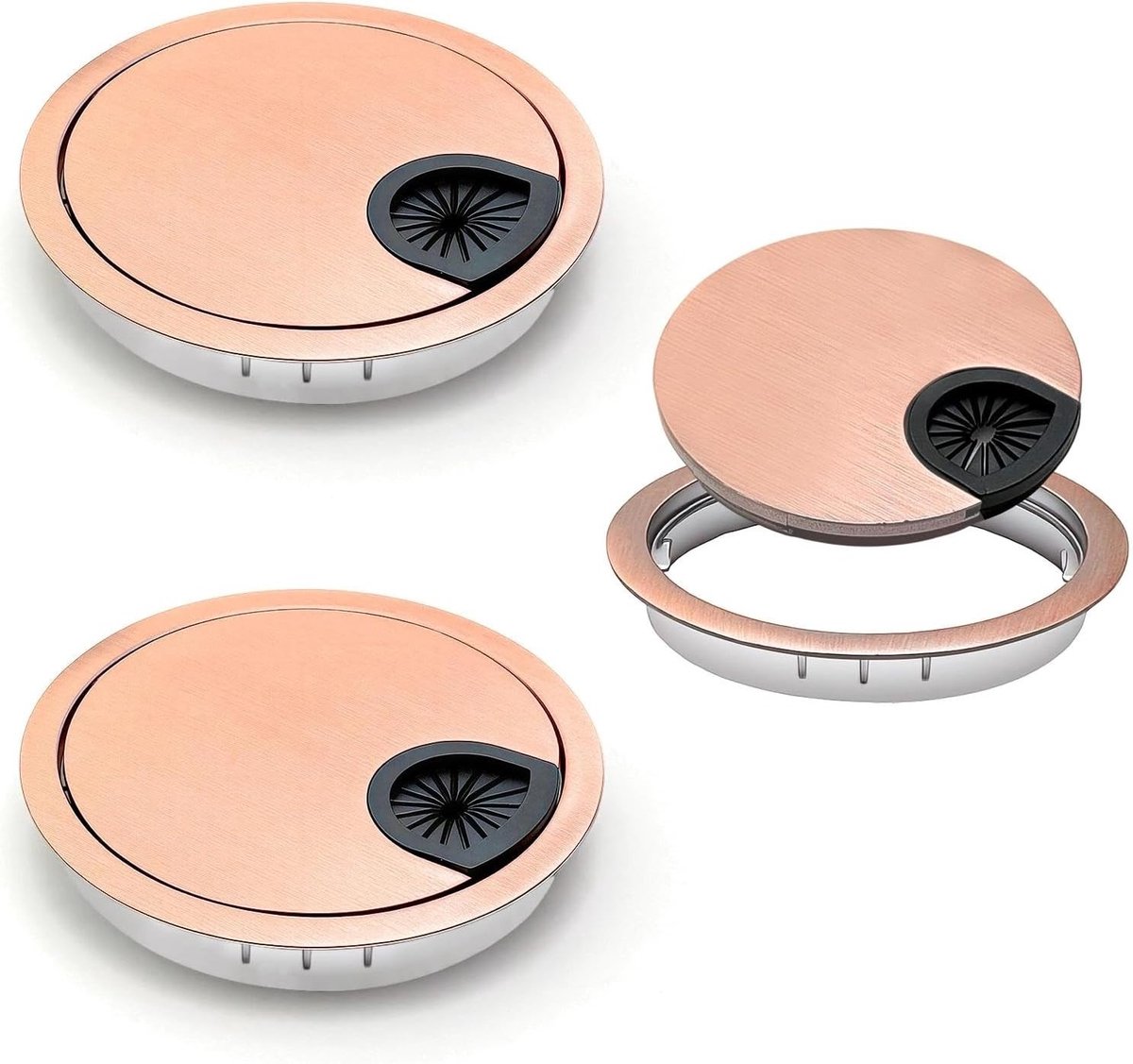Kabeldoorvoer rond Ø 80 mm, 2 stuks, zinklegering, koperkleurig, ideaal voor bureau en werkbank, kabelmanagement oplossing
