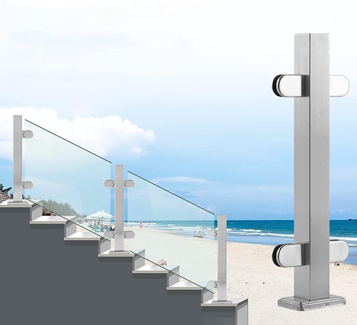 Glazen Balustrade Post - Railing Paal - Buitenhekken Plaatsen - Roestvrij Staal - 95 cm - Zilver