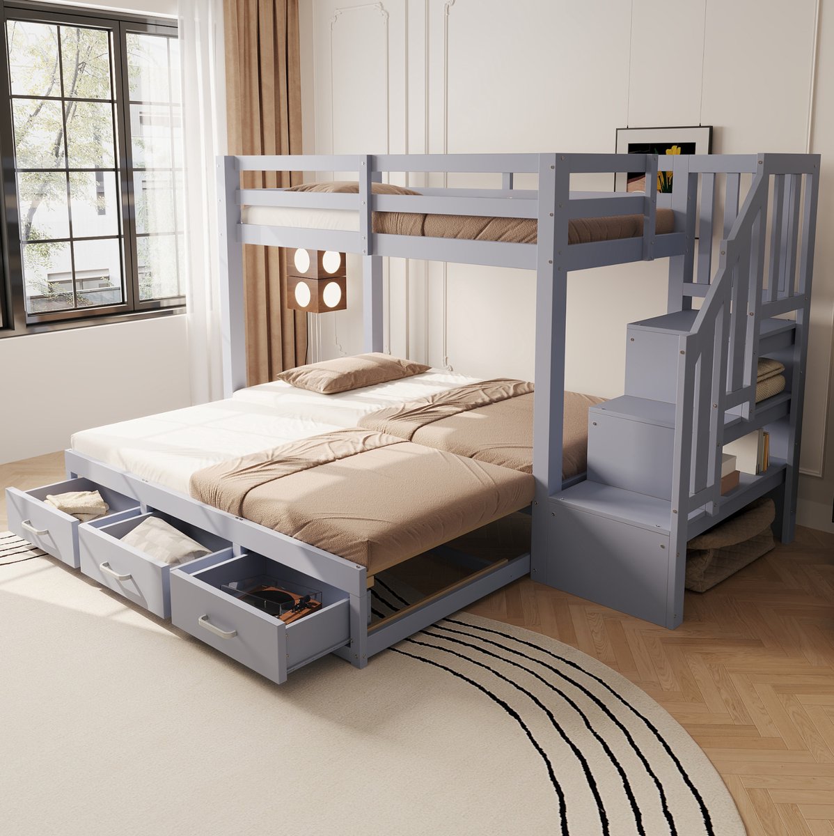 COVREO Stapelbed, 90 x 200 cm, uittrekbaar bed 90/180 x 190 cm, met opbergladder en meerdere uittrekbare lades, kinderbed, lattenbodem, houten bed, grijs. Gray