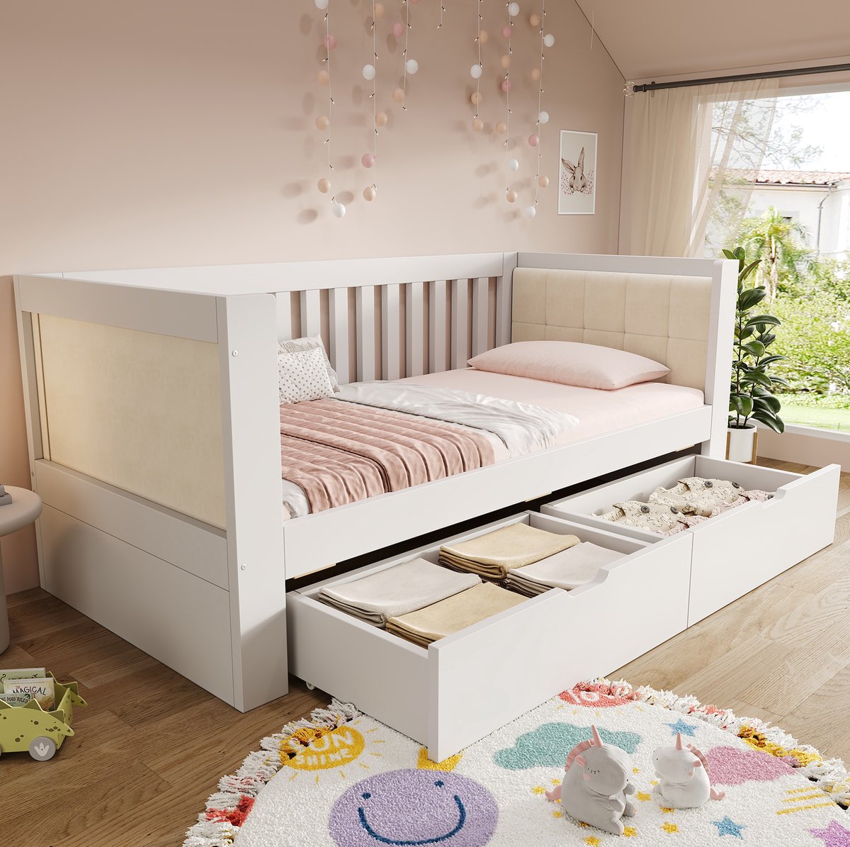 COVREO Slaapbank 90x190 cm wit, van hout met 2 lades en lattenbodem