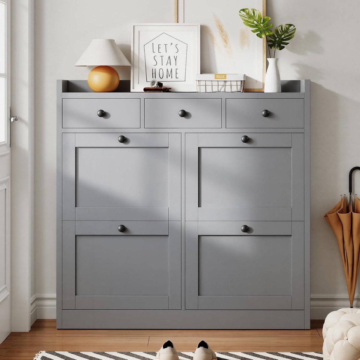 Schoenenkast met 4 Kleppen en 3 Laden - House&Garden Oslo - Smalle Schoenenkast voor Hal en Entree - Schoenenrek voor 16 Paar Schoenen - Opbergkast met Lade en Planken - 100 x 25 x 99,5 cm - Grijs