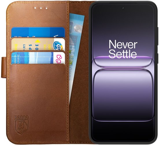 Bruine portemonnee telefoonhoes open met ruimte voor pasjes en een briefgeld, telefoon met 'Never Settle' logo.