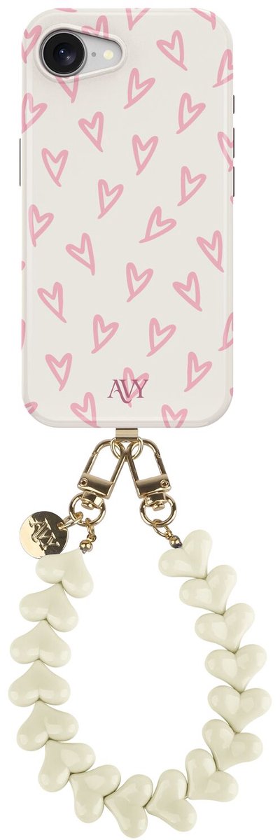 AVY Hoesje Met Telefoonkoord | Geschikt voor Apple iPhone 17e / 16e | Compatibel met MagSafe | Hard Shell Back Cover | Stijlvol Bijpassend Koord 30CM | Lovely Hearts | Roze