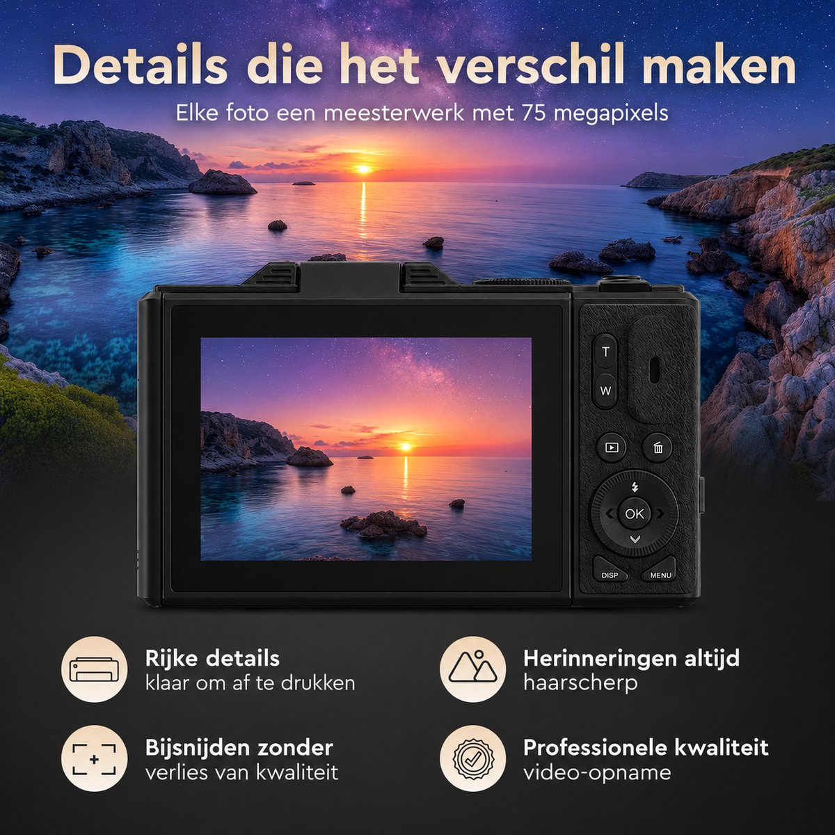 K&L - 5K 75MP - 18X Zoom - 64GB SD - WiFi - 3.0" UHD-display - mic-poort - Fotocamera - Compact Camera - Vlog Camera – foto 2