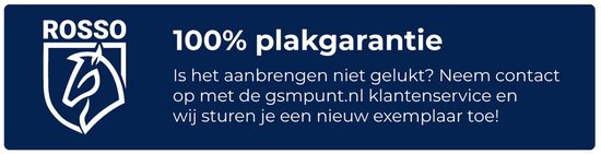 Blauwe banner met Rosso logo en tekst '100% plakgarantie'.