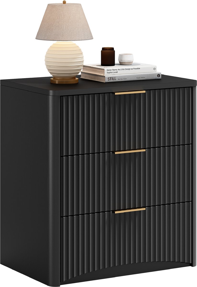 REDOM Nachtkastje met 3 laden - Geribbeld front met afgeronde hoeken - Stille ladegeleiders met demping - Moderne stijl - Slaapkamer - MDF - Zwart - 58 x 38 x 64 cm