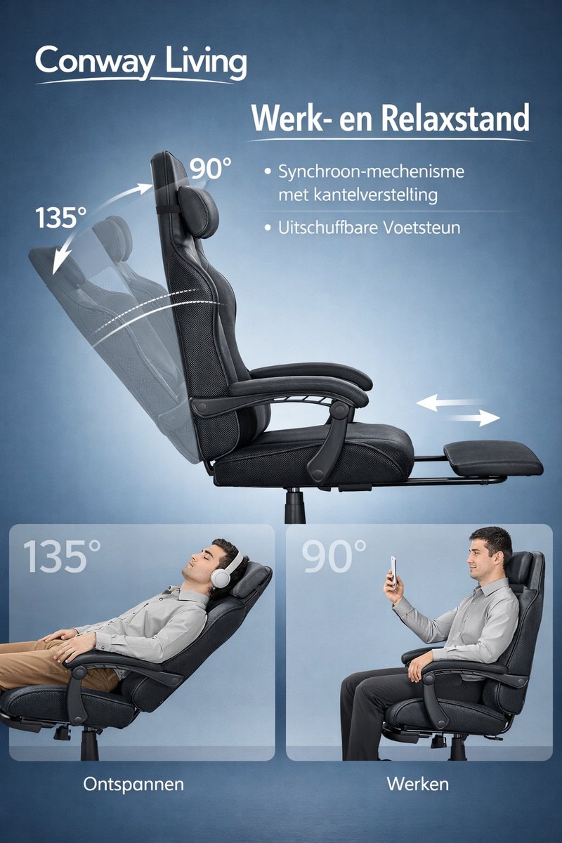 Conway Living® | Bureaustoel Ergonomisch met Verstelbare | Gaming Stoel | Rugleuning 90–135° | Kunstleer | Hoofd- & Lendekussen | Uitschuifbare Voetensteun | Ademend PU | Zwart – foto 4
