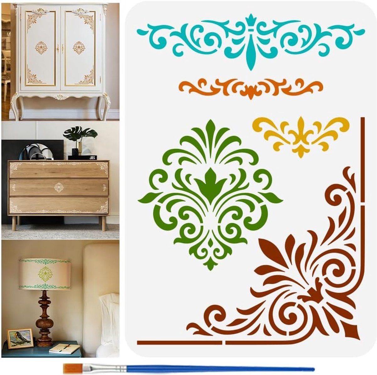 Border Painting Sjablonen met Kwast 21x29.7cm Plastic PET Patroon Randen en Hoeken Tekenmal voor Decoratieve Schilderprojecten op Houten Doeken en Muren