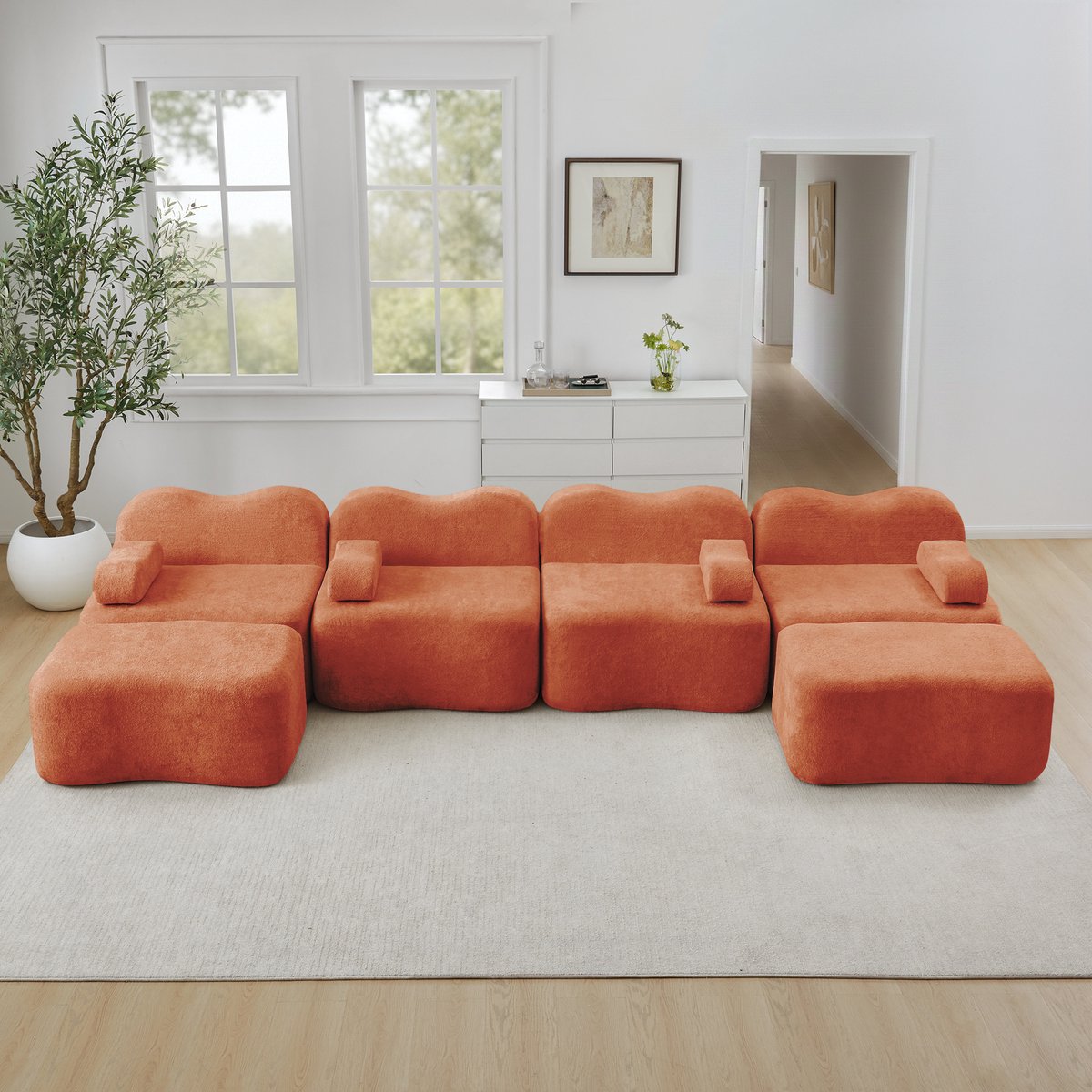 DESMIU U-Bank 384 x 167 x 70 Cm - Modulair 4-Zits Met 2 Ottomans En 32D Schuim - Voor Woonkamer En Appartement - Velvet Oranje