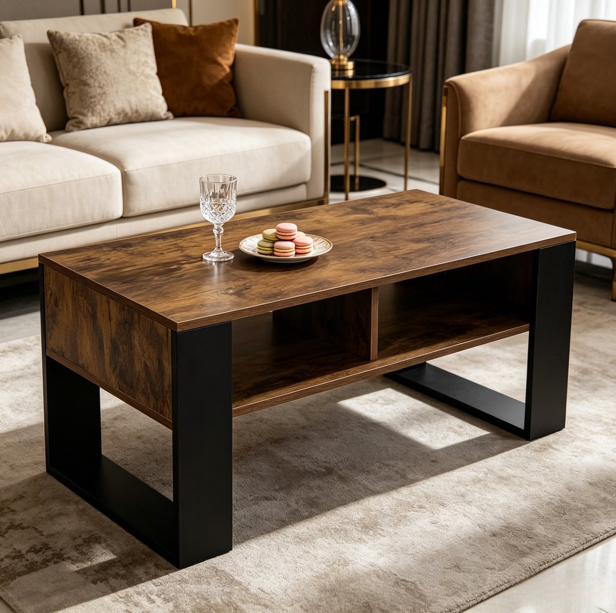 MIVRAY Salontafel - Met Open Opbergvakken En Stevige Constructie - Voor Woonkamer - Hout - 90x45x45 Cm Zwart, Rustiek Bruin