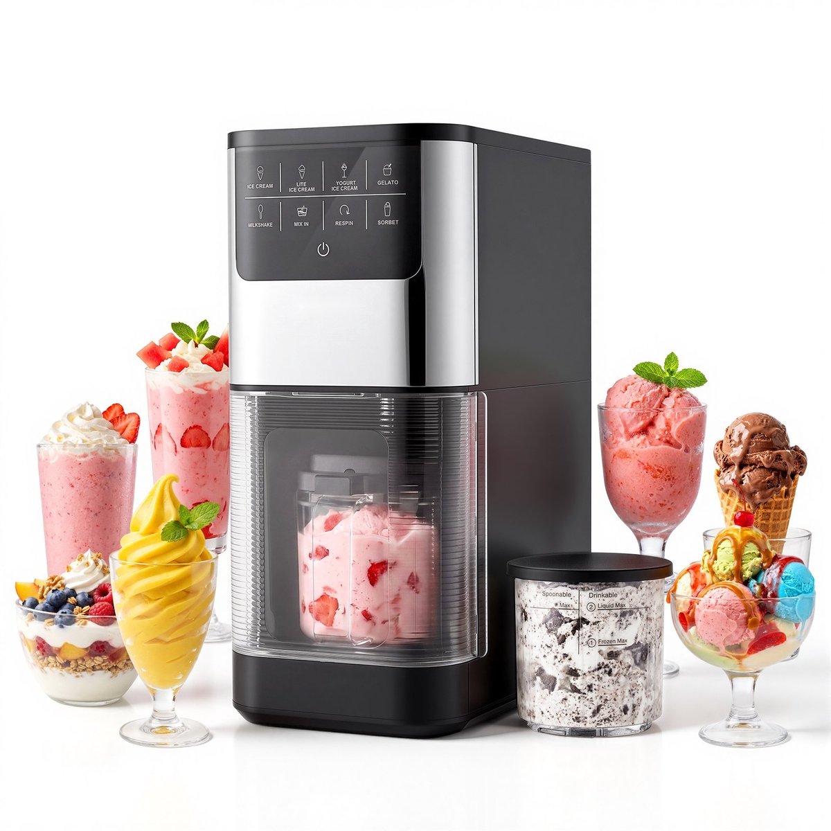 IJsmachine - 7-in-1 Ijsmaker - Voor Gelato Sorbet Milkshake Bevroren Yoghurt - Zelfvriezend - Eénknopsbediening - Roer- en Wervelfunctie - Romige Textuur