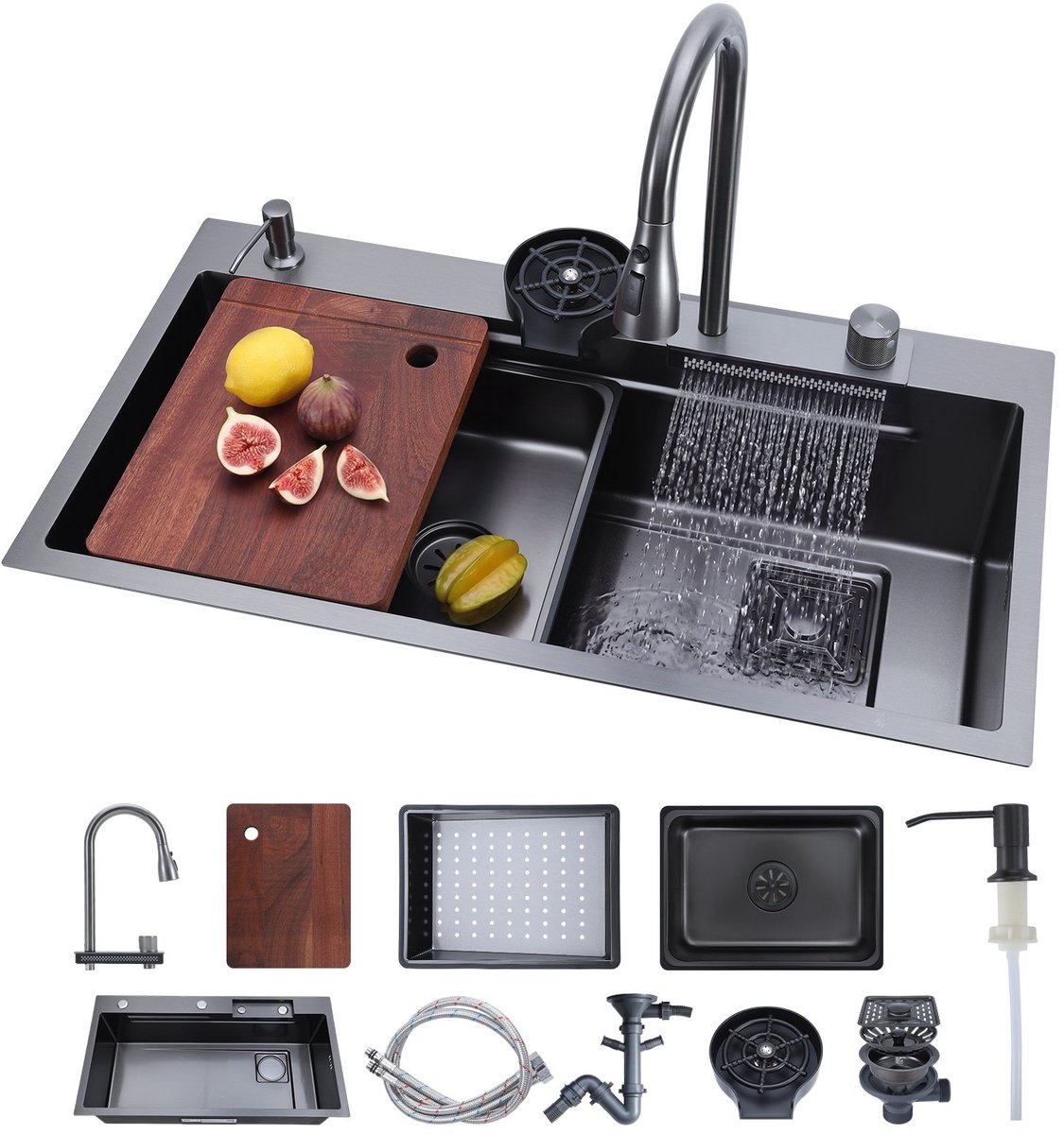 Inbouwspoelbak RVS - Enkele Spoelbak - 85 x 46 x 23,6 cm - Met Watervalkraan - Geïntegreerde Opstap - Inclusief Snijplank - Voor Camper, Keuken, Wasruimte, Bar - RVS Zilver