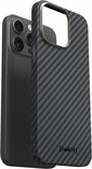 iPhone 14 Pro naast een grijs/zwart carbon fiber hoesje. De hoes is dun.