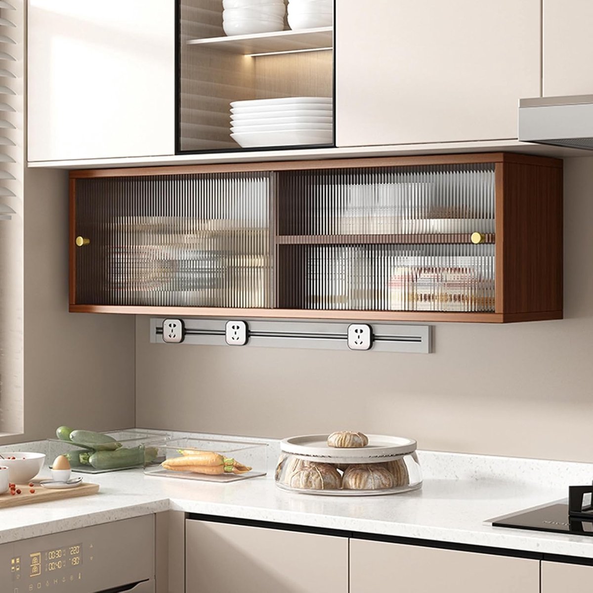 Wandkast Glazen Deuren - Keukenkast Vitrine - Keuken Organiseren - Massief Houten Constructie - 60 x 28 cm - Walnoot
