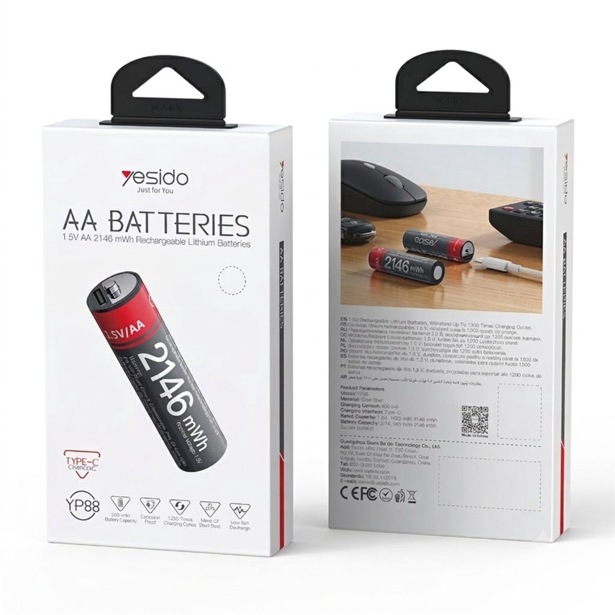 Yesido, 4x AA Batterijen Lithium 1430mAh 1.5V 2146mWh Oplaadbaar USB-C, Zwart / Rood