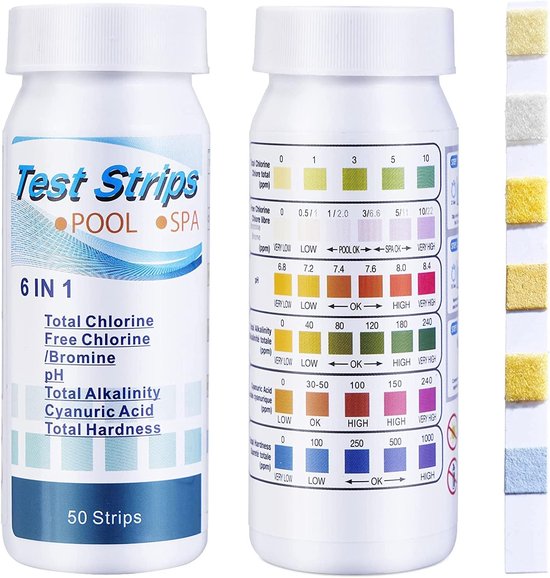 Twee flessen teststrips. Eén fles toont "Test Strips POOL SPA 6 IN 1". De andere fles heeft een kleurkaart met meetwaarden.