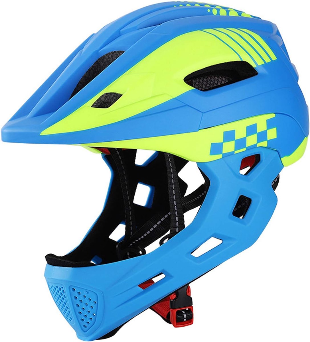 Kinderfietshelm - Veiligheidshelm - Actief Buiten - Afneembare Kinbescherming - 52-56 cm - Geel Blauw