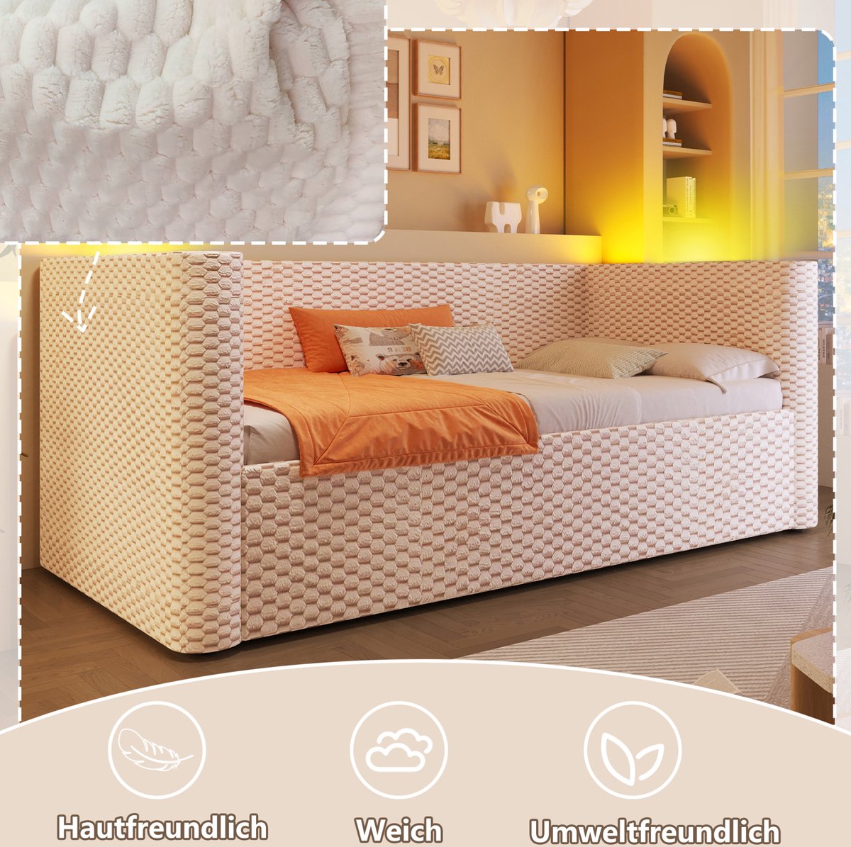 MEUNIQ slaapbank 90 x 200 cm met LED-verlichting, hydraulische opbergruimte en lattenbodem, bedbank voor slaapkamer of kinderkamer, beige fluweel