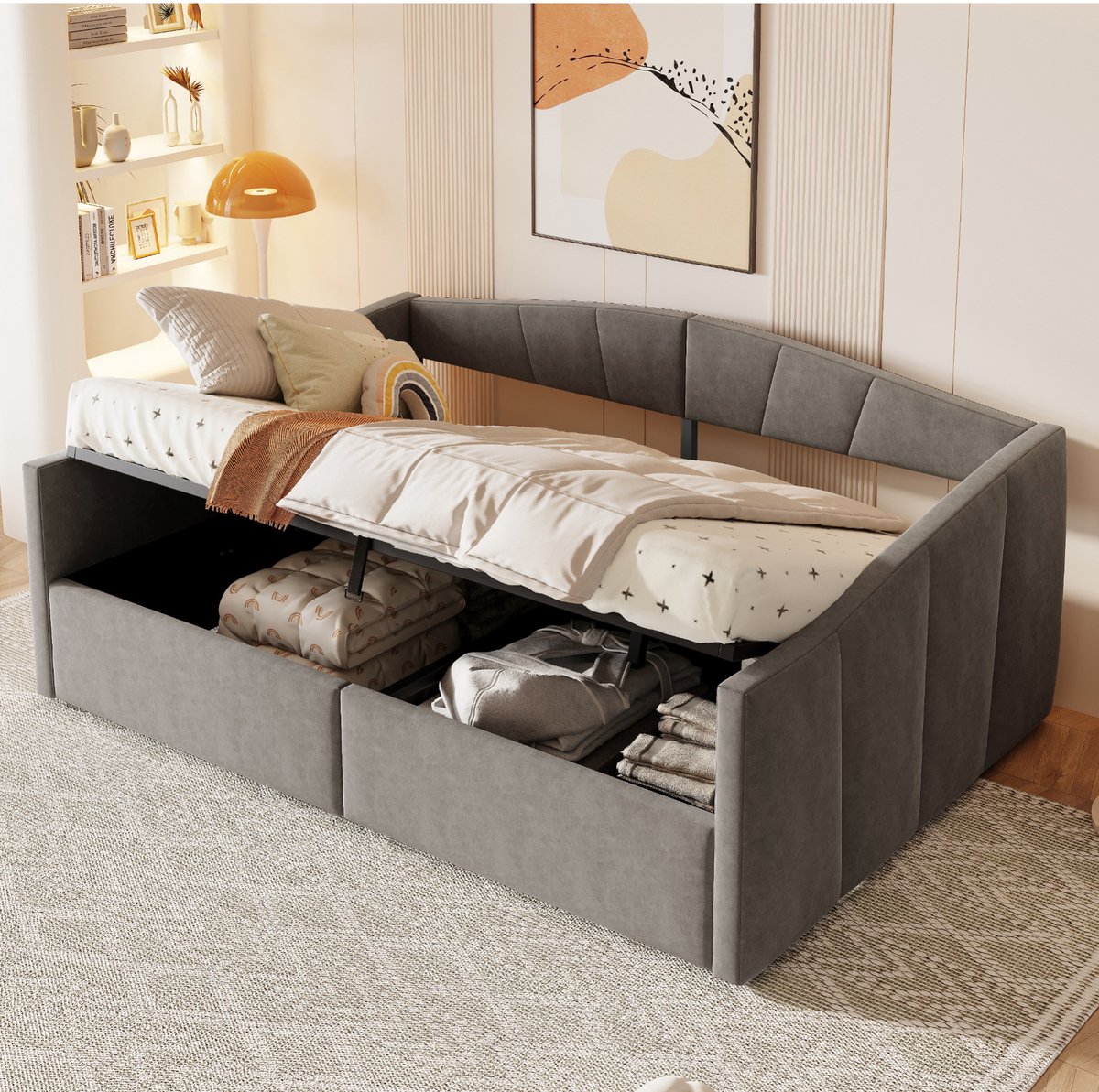 MEUNIQ slaapbank 140x200 cm met hydraulische opbergruimte, lattenbodem, rugleuning en armleuningen, gestoffeerd bed voor slaapkamer of woonkamer, grijs
