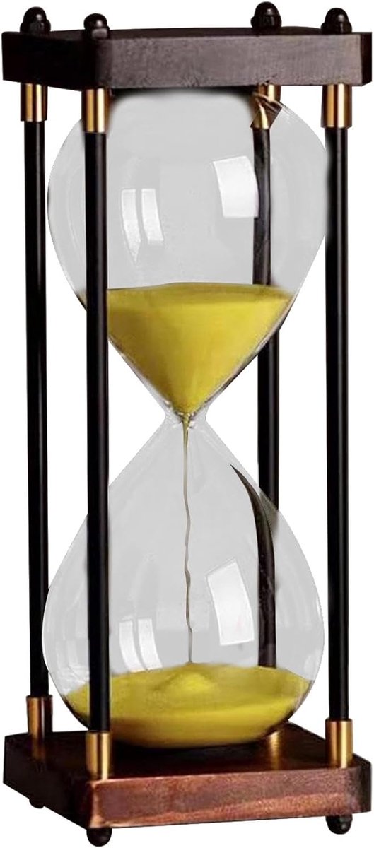 Zandloper Decoratie - Zandtimer Ornament - Tijd Management - Stevige Houten Standaard - 60 Minuten - Geel