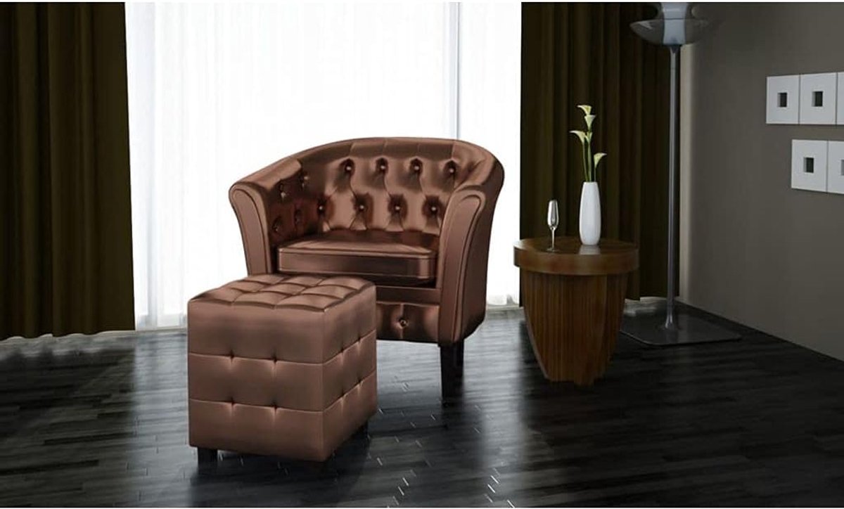 Fauteuil met voetensteun - Relaxstoel - Ontspannen Zitten - Houten frame - 35 cm zithoogte - Bruin