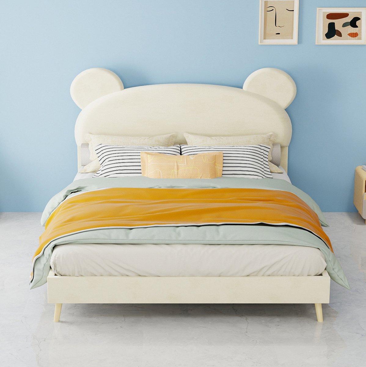 MEUNIQ gestoffeerd normaal bed 140x200 cm met beeroren hoofdbord, lattenbodem en laag bedframe voor slaapkamer of kinderkamer, beige
