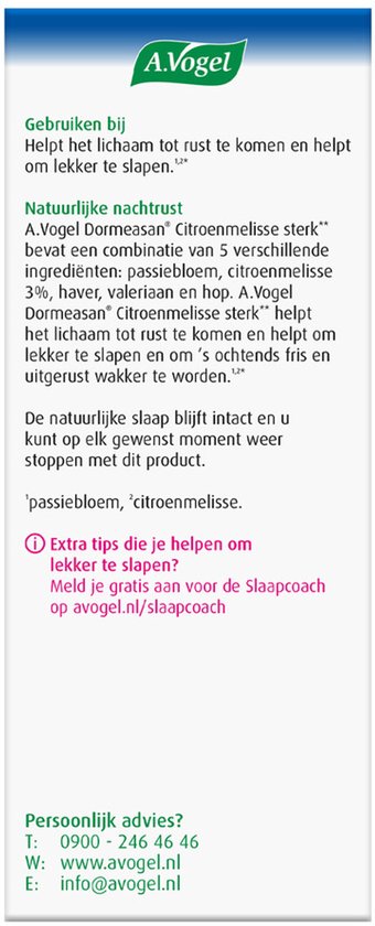 Gebruiksaanwijzing voor A.Vogel Nachtrust tabletten: natuurlijke nachtrust, passiebloem, citroenmelisse, haver, valeriaan, hop. Extra tips voor slapen.