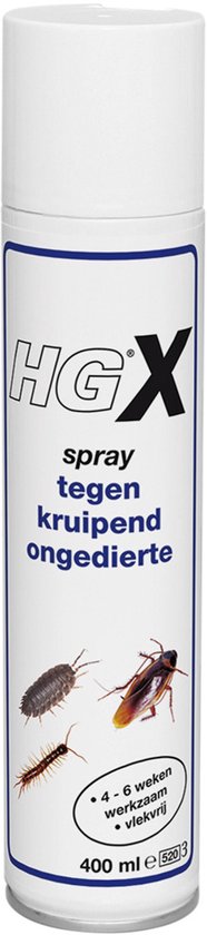 Witte spuitbus met blauw en wit etiket met de tekst 'HGX spray tegen kruipend ongedierte' en afbeeldingen van een pissebed, duizendpoot en kakkerlak.