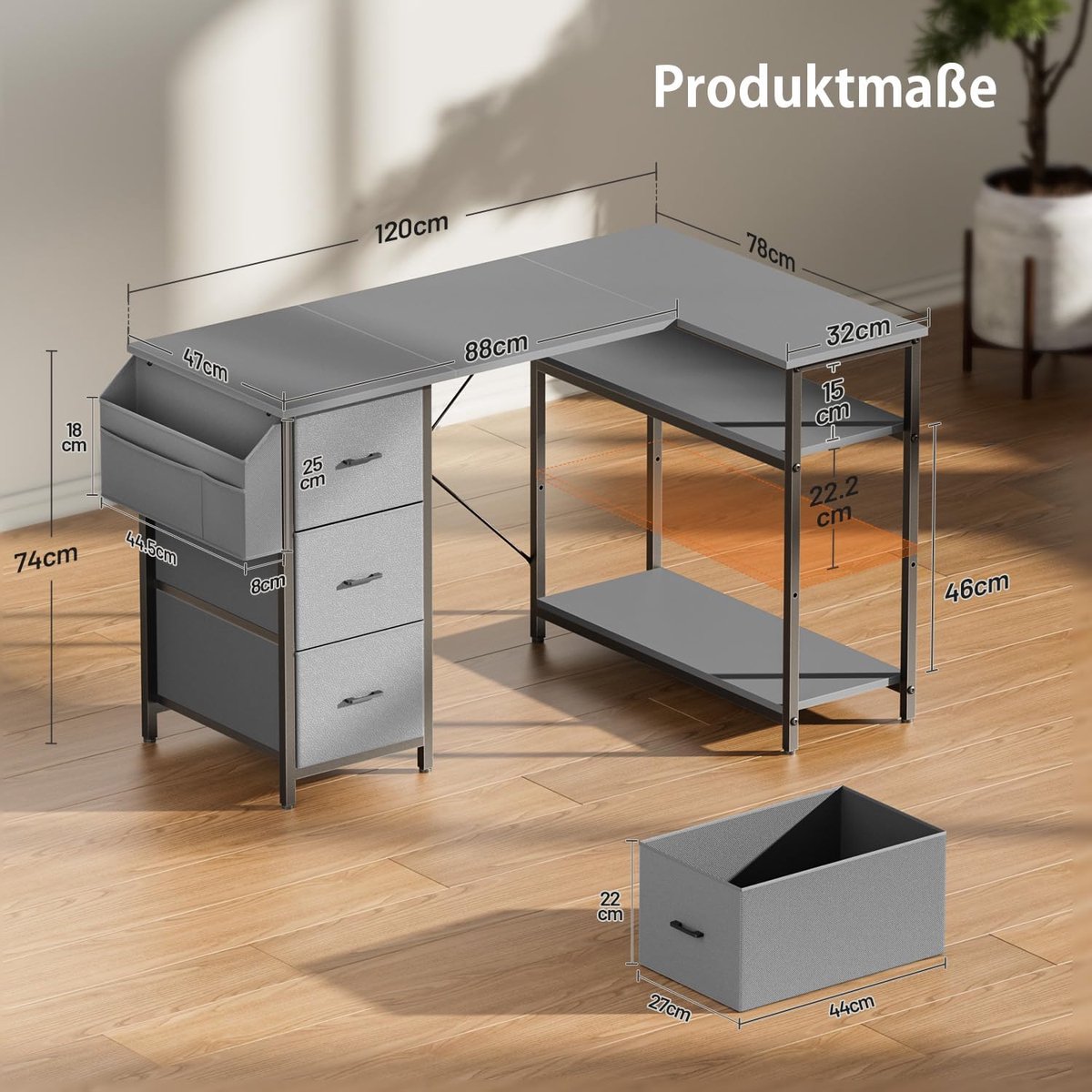 Hoekbureau met Lades - Computerbureau L-vorm - Thuiswerken - Verstelbare Opbergruimte - 120 x 80 cm - Grijs thumbnail 2