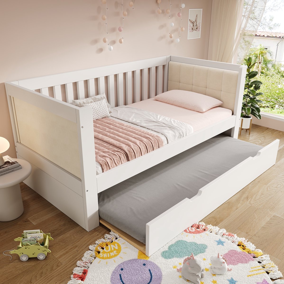 MEUNIQ Bedbank 90x200 cm met uitschuifbed 90x190 cm, lattenbodem, driezijdige rugleuning en wielen met rem, houten bedframe voor slaapkamer of logeerkamer, wit