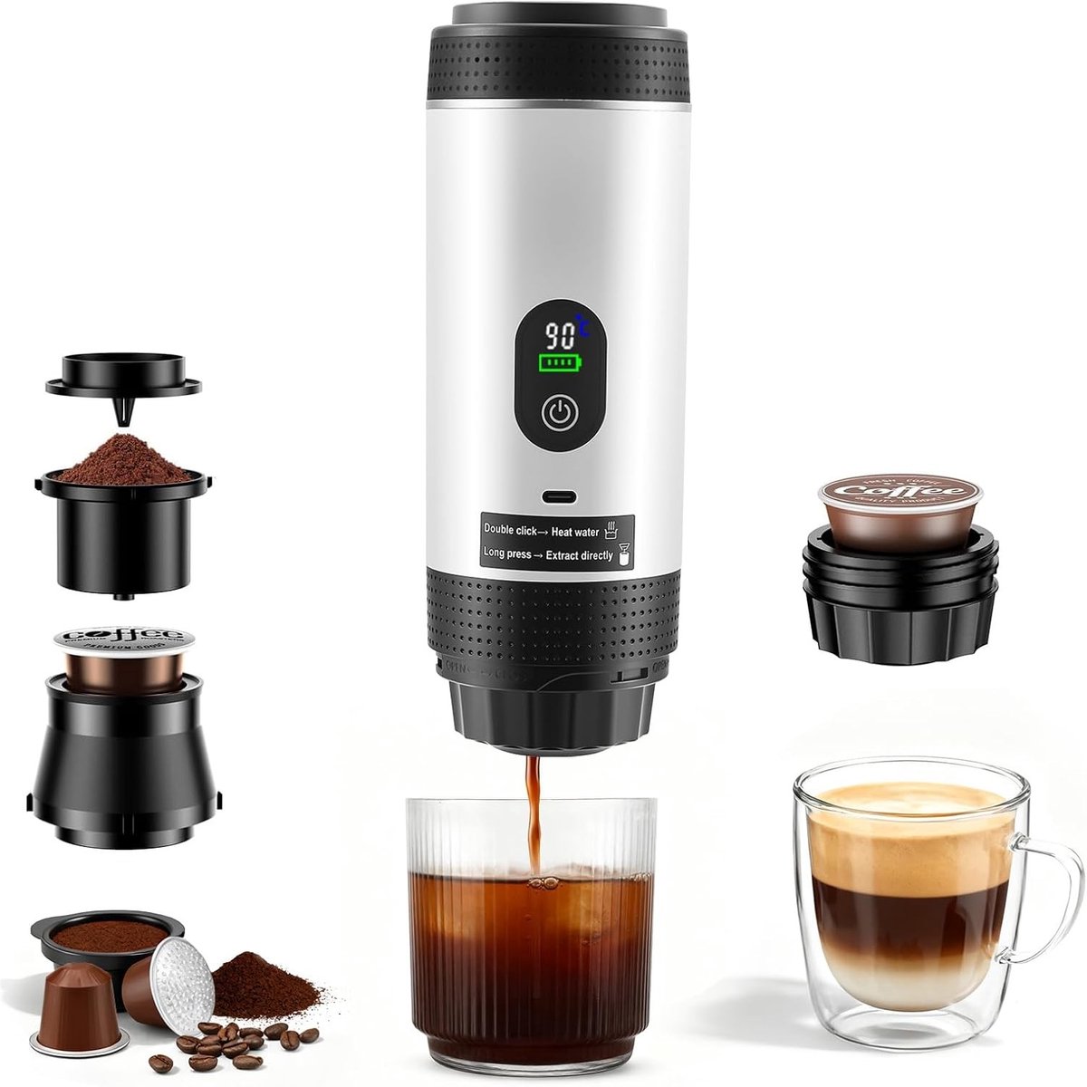 Accu Koffiezetapparaat - Wit - 3-in-1 Ontwerp - USB-C Oplaadbaar - Voor Camping en Reizen