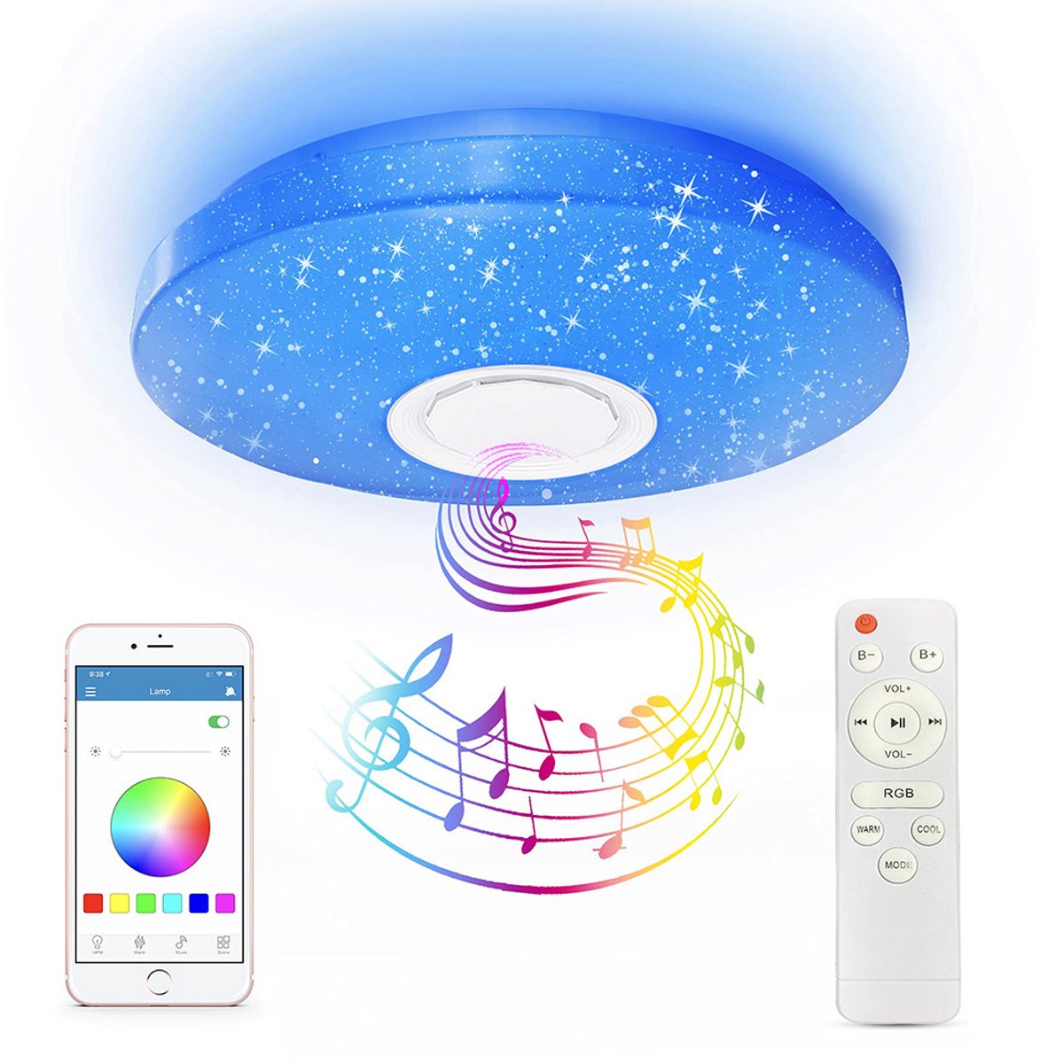 LED Smart Plafondlamp - Bluetooth Muziek - Met Bluetooth, LED-luidspreker, 60W vermogen en afstandsbediening - Gekleurde lichteffecten - 36W - Geschikt voor slaapkamers, woonkamers en kinderkamers - Instelbare helderheid - 40 cm - Sterrenhemel Model