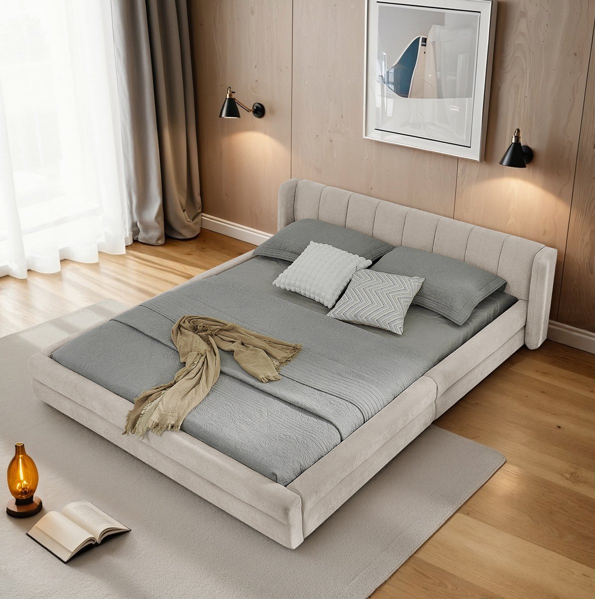 MEUNIQ Tweepersoons bedframe 160x200 cm met chenille bekleding, gestoffeerd hoofdbord, lattenbodem, draagvermogen 300 kg, normaal bed voor slaapkamer, beige
