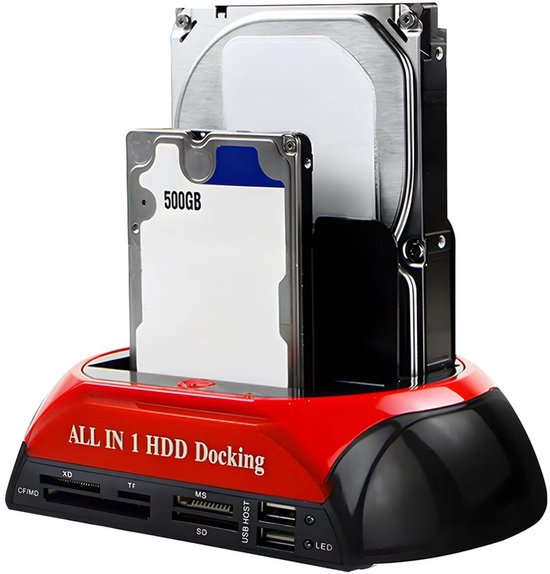 All In 1 HDD Docking station in rood en zwart, met een 3.5" HDD van 500GB en een 2.5" HDD geplaatst.