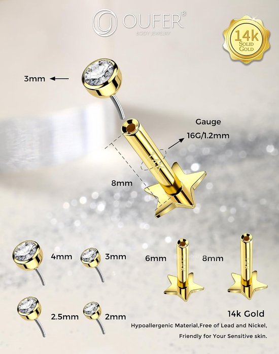 Body Piercing Helix Earrings 16G Push in Tragus Piercing Jewelllery 14K Gold Labret Piercing Stud Clear CZ Lip Piercing bar Threadless Conch Piercing Earring Jewellery — afbeelding 5