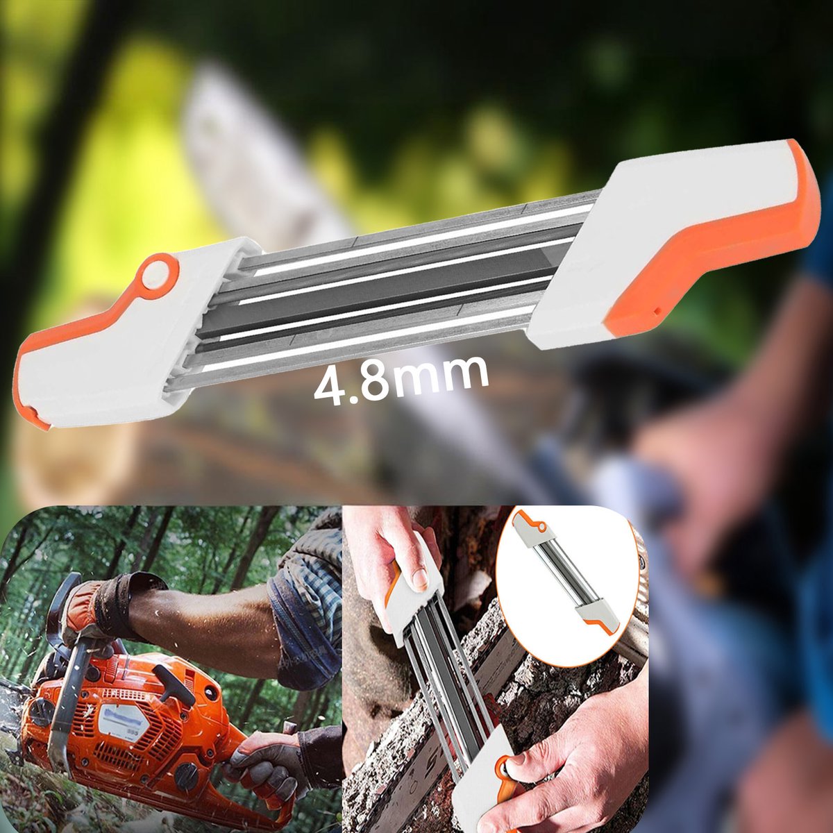 2-in-1 kettingzaagslijper - 4 mm vijl - Geschikt voor STIHL 3/8" Picco - Oliekettingslijpaccessoire - Handmatige kettingslijper - Geschikt voor buitengebruik - Oranje/Wit