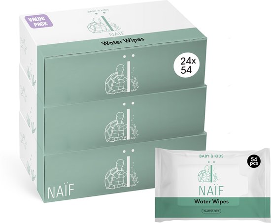 Doos met 3 pakken Naïf Water Wipes, waarde verpakking. 24x54 stuks. Een los pakje is zichtbaar.