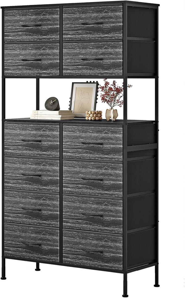 SnelShoppen - Hoge Ladekast met 12 Laden, Opbergkist met Open Middenontwerp, Stoffen Dressoir met Metalen Frame, Zwart voor Slaapkamer en Woonkamer