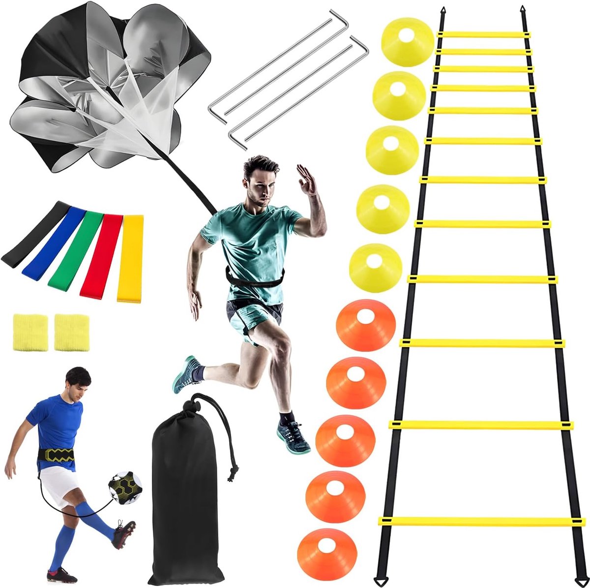 Voetbaltrainingsaccessoires, set van 21 stuks, set voor voetbaltraining, met coördinatieladder, trainingsladder, voetbal-kicktrainer, met 10 voetbalhoedjes voor kinderen en volwassenen