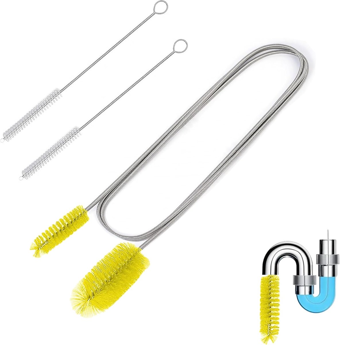 Pijpreinigingsborstelset met dubbele kop (2 m) + 2 x slangborstels (20 cm), flexibele afvoerborstel voor buizen, afvoeren, aquarium en huishouden (geel)