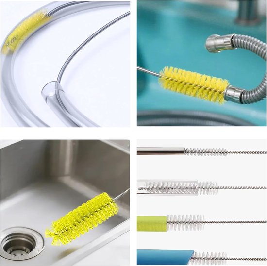 Pijpreinigingsborstelset met dubbele kop (2 m) + 2 x slangborstels (20 cm), flexibele afvoerborstel voor buizen, afvoeren, aquarium en huishouden (geel) — afbeelding 2