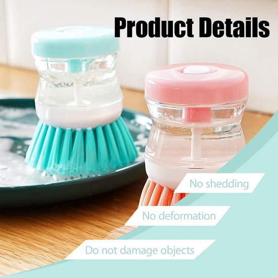 Set van 2 afwasborstels met geïntegreerde dispenser, reinigingsborstel voor potten en pannen, zachte nylon borstelharen, eenvoudige vulling, verwisselbare kop, praktisch keukenaccessoire — afbeelding 2